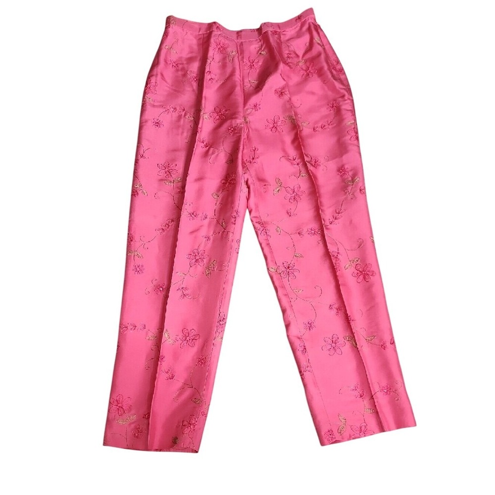 Vintage Yves Cossette Depeche Silk Embroidered Pants Pink Floral Preppy 10